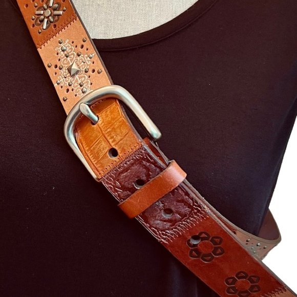 Fossil Western Brown Leather Mixed Media Studded Unisex Belt Size Large main image 6